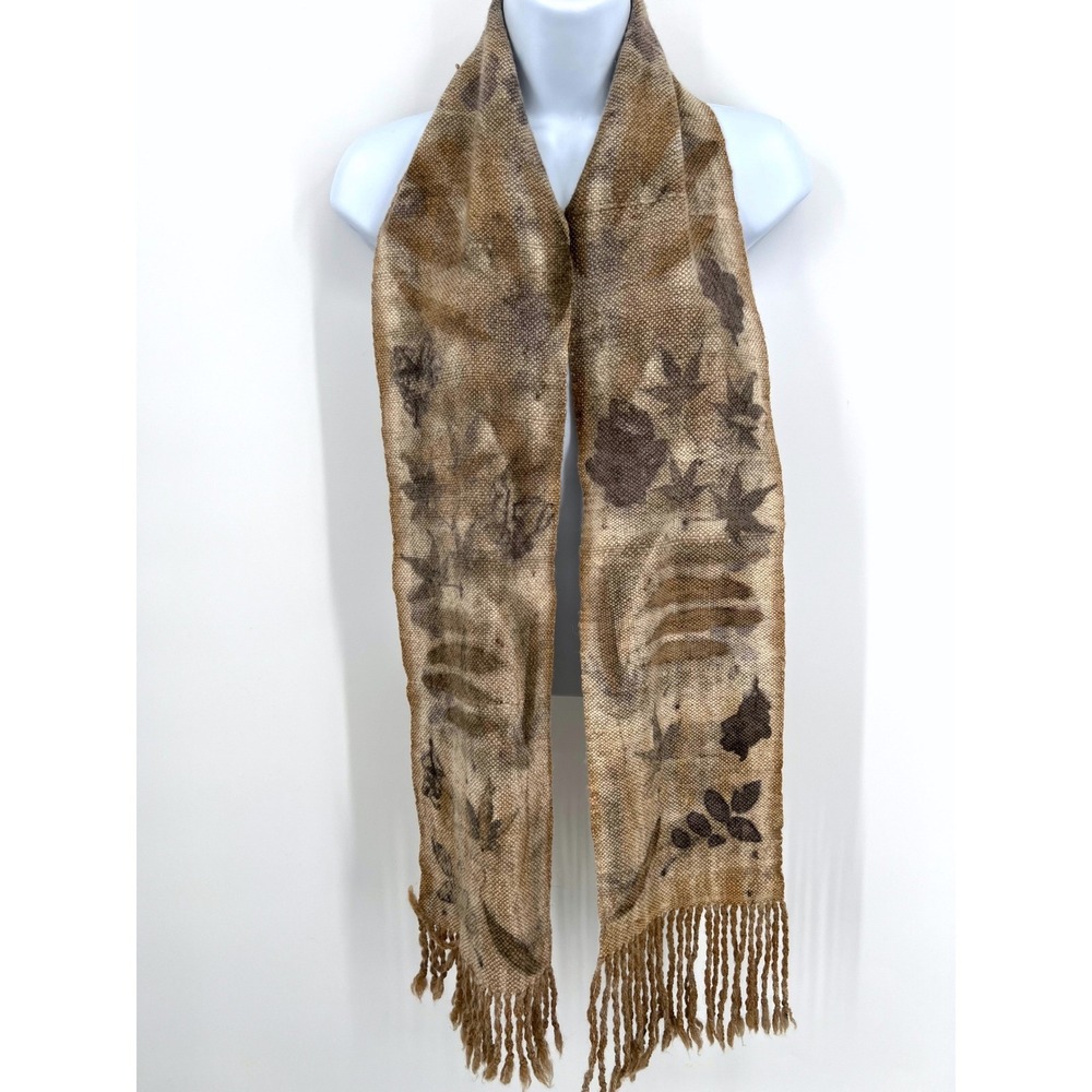 Handwoven Hand Dyed Eco Printed Leaves Fall Scarf Twisted Fringe Slow Fashion